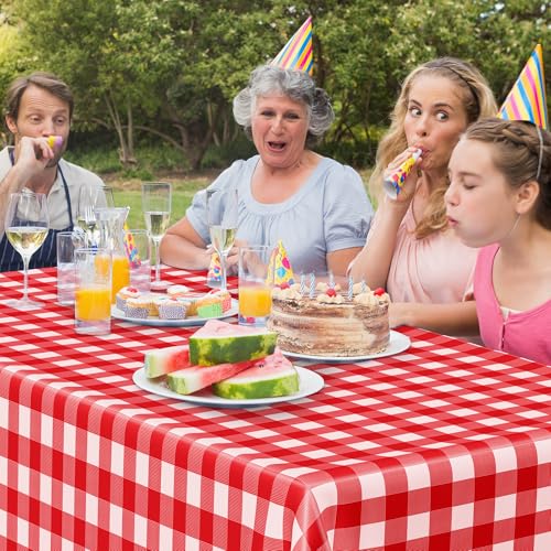 Image of 12Pack 54 inch x 108 inch Table Cloth Rectangle Table, Waterproof Plastic Table Cloth Ddisposable, Red and White Checkered Tablecloth Table Cover for Outdoor Picnic Birthday Party Gathering BBQ Holiday Dinner