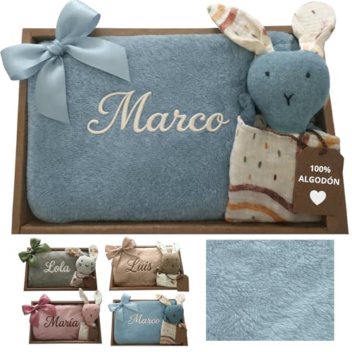 Dalvitas Manta Bebé Personalizada Nombre Bordado + Dou-Dou 100% Algodón. Regalo Recién Nacido Niño Niña - Cesta Set Canastilla Manta Suave y Peluche - Regalo Padres y Mamás Primerizas (Azul)