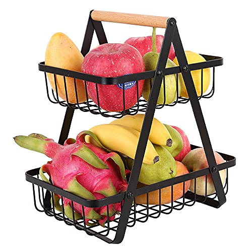 2-Tier Metal Fruit Basket Portable Kitchen Storage Countertop Shelf Rack for Fruits Vegetables Household Toiletries (Black)