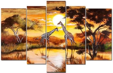 Sangu 100% Hand Painted Wood Framed Giraffe Meeting in Middle Africa Home Decoration Paintings For Living Room Gift on Canvas 5-piece Art Wall Decor