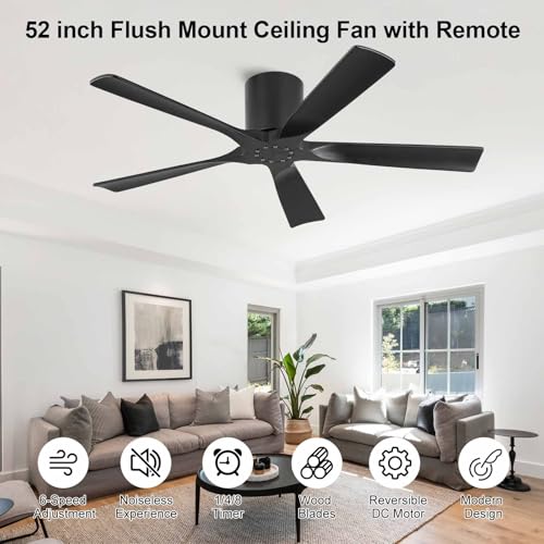 Image of ELEHINSER 52 Inch Flush Mount Ceiling Fan without Light, Low Profile Modern Ceiling Fan with Remote, Quiet DC Motor, 6-Speed, Timer, 5 Solid Wood Blades, Black