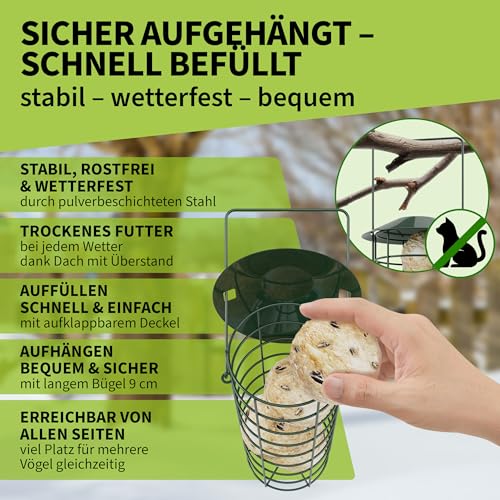 TTL Garden 2er Set 31cm Meisenknödelhalter mit Dach - Meisenknödel Halter für Wildvögel rund Ø 8 cm Stahl rostfrei grün pulverbeschichtet Futterstelle Vogelfutterspender für Garten Balkon Terrasse