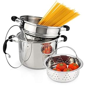 AVACRAFT 18/10 Stainless Steel, 4 Piece Pasta Pot with Strainer Insert, Stock Pot with Steamer Basket and Pasta Pot Insert, Pasta Cooker Set with Glass Lid, 7 Quart