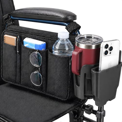 Wheelchair Accessories Wheelchair Cup Holder Wheelchair Side Bag 360 Rotatable & Strong Clip Cup Holder for Wheelchair Mobility Scooter Walker Accessories for Seniors Adults