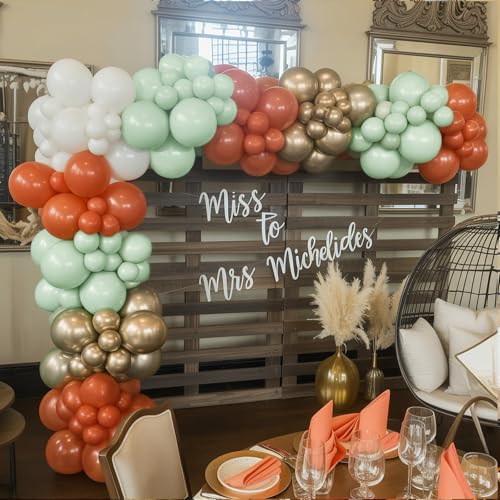 Image of Fall Balloons Set, 12 Inch Thanksgiving Balloons, Retro Burnt Terracotta Rust Orange Dusty Sage Mint Green White Metallic Gold Latex Balloon for Thanksgiving Autumn Harvest Fall Birthday Decorations