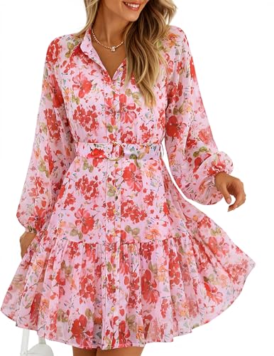 ZESICA Womens Summer Floral Mini Dress 2026 Fall Long Sleeve Button Chiffon...