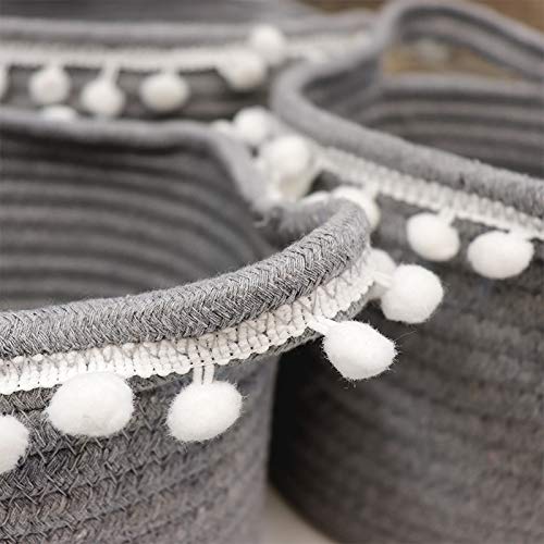 Miniatura 2 de Cesta mediana de 7.9in de diámetro de algodón natural, cesta de almacenamiento de tejido gris y blanco, cubo de juguetes pequeño, cesta de lino,