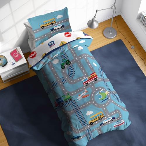 Image of Sunny Side Up On The Go Twin Comforter Set - 5 Piece Kids Bedding Includes Comforter, Sheets & Pillow Cover - Super Soft Vehicles Microfiber Bed Set
