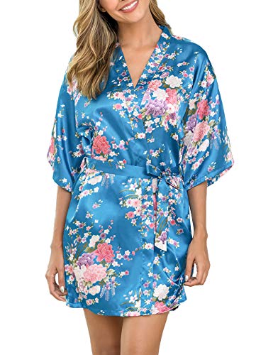 Aibrou Women's Floral Satin Robe Short Silk Bridesmaid Bathrobe Dressing Gown Wedding Kimono Sleepwear Lake Blue