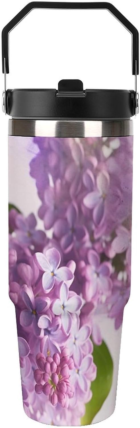 30oz Insulated Tumblers with Top Handle, Stainless Steel Lilac Flowers Car Cup with Straw for Gift, Leak-Proof Double Wall Vacuum Travel Mug, Personalized Water Bottles Black