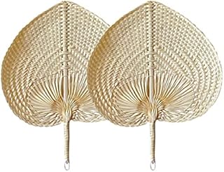 2Pcs Bamboo Hand Fan, Natural Rattan Fan, Woven Palm Leaf Hand Fan, Handmade Hand Weaving Fan, Heart Shaped Bamboo Woven Fan, Summer Cooling Fan Home Decoration