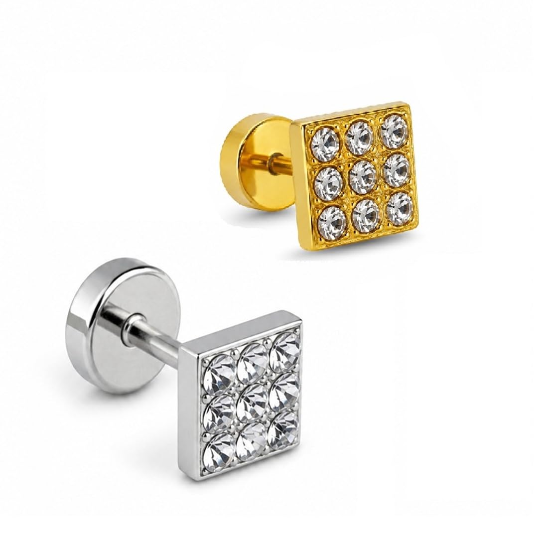 adhvik Combo of Men Silver & Golden Square Ear Earrings & Studs, Crystal Stone Design, Stylish Wear & Daily Wear for Boys-picture-17