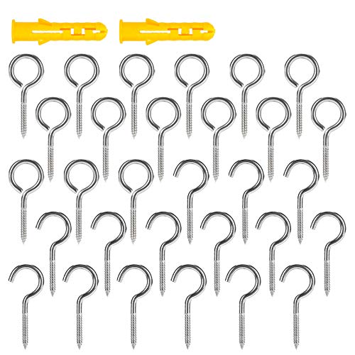 MEIYYJ 30pcs 2 inch Two Types of 304 Stainless Steel Hooks, Self-Tapping Ceiling Cup Hook Screws Heavy Duty and Round Eye Bolt Hooks Plastic Self-Drilling Drywall Anchors Assortment Kit