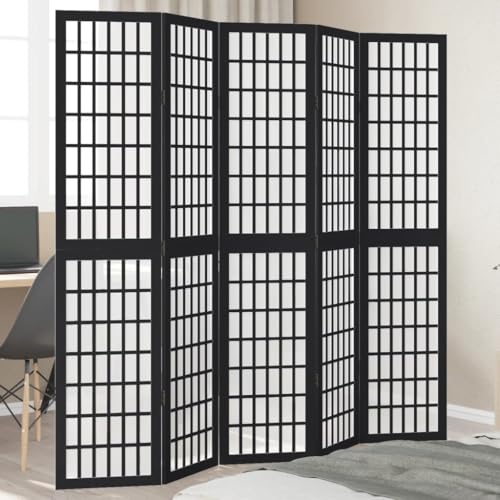 Vetnasa Biombo Separador de 5 Paneles Madera Maciza Paulownia Negro Mobiliario, Divisores de ambientes Negro 9 KG