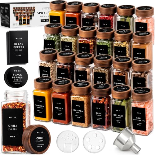 EDELHAUS Glass Spice Jars with Label, 24x Acacia Wooden Lids - Black Labels