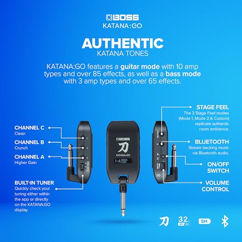 boss katanago  personal headphone amplifier for guitar amp bass  ready-to-play sounds from stage-class katana amps  advanced spatial technology  edit tones amp stream backing music via bluetooth