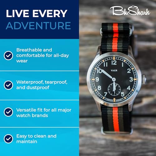 Image of BluShark - Original Collection Military-Style Waterproof Watch Strap, Fits All Timepiece Brands, Durable Nylon Wristwatch Accessories with Stainless Steel Buckle - 18mm, 20mm, 22mm & 24mm Watch Bands