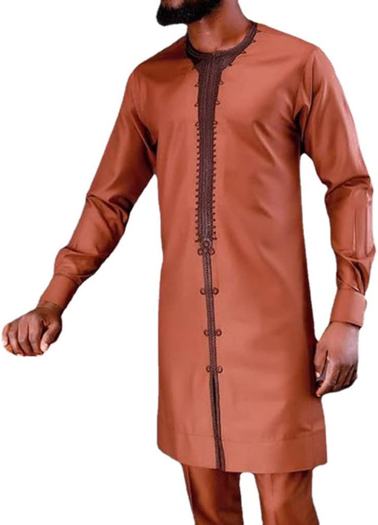 African Clothes for Men Traditional Suit Dashiki and Pants Long Sleeve Tops Print Outfit 2 Piece Set Tracksuit (Color : Brown, Size : X-Large)
