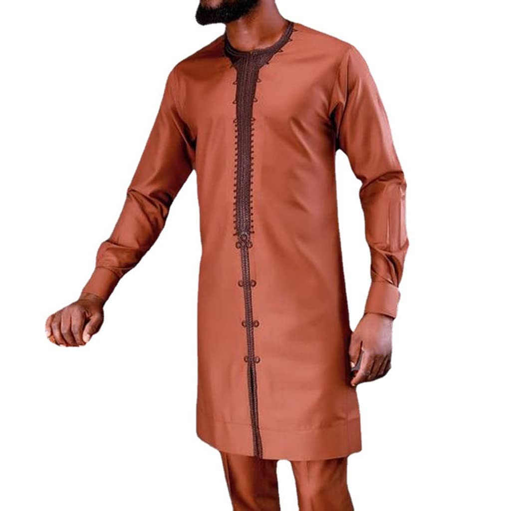 Afrykańskie Ubrania Dla Mężczyzn Tradycyjny Garnitur Dashiki i Spodnie Bluzki Z Długim Rękawem Drukuj Strój 2 Sztuka Zestaw Dres (Color : Brown, Size : XXL)