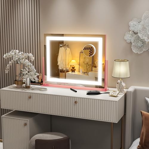 Image of FENNIO Vanity Mirror with Lights 22''x18'' Makeup Mirror with Lights,Lighted Makeup Mirror with 10X Magnification,Smart Touch Screen with 3-Color Lighting,Dimmable(Square Pink)