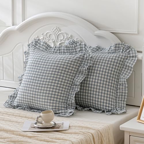 Blue White Plaid Euro Pillow Shams Ruffle Pillowcases Set of 2,Shabby Checkered Washed Cotton Pillow Covers-26 x26,Blue/White Plaid