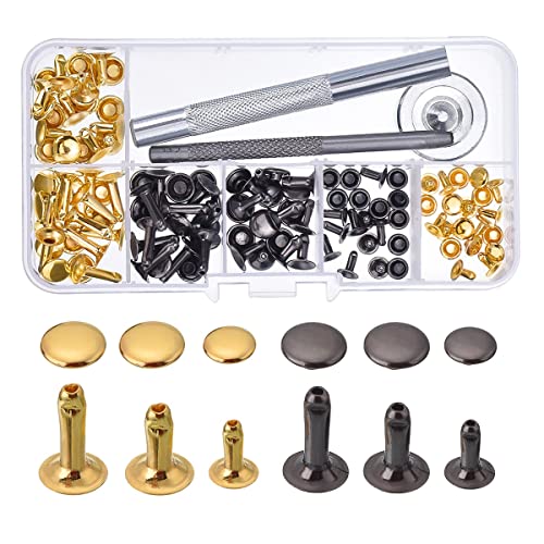 Tiardey 3 Tailles, 120 Set Rivets Capuchon Unique Rivet Goujons Tubulaires en Métal avec Kit d'Outils de Fixation pour la Décoration de Réparations d'Artisanat du Cuir (Bicolore)