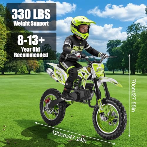 Image of 50cc Dirt Bike for Adults & Kids-Kids Dirt Bike 2-Stroke Gas Powered Off Road Motorcycle Mini Bikes 40 MPH for Uphill and Off-Road Conditions Pull Start motos para ninos USA Stock Green