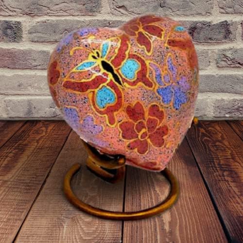 Classic Heart Shape Keepsake Urn for Human Ashes – with Box and Stand - Lovely Brown Floral Design 7 cms high