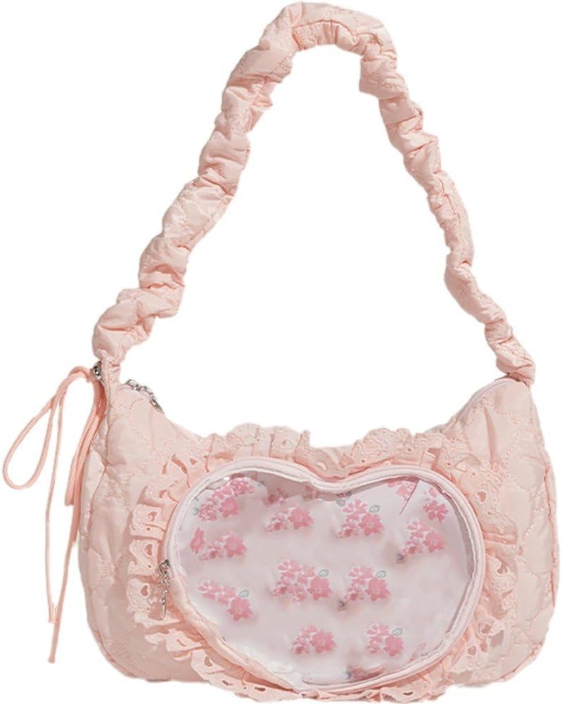 Cute Womens Shoulder Bag Pleated Heart Underarm Bag Lolita Jk Ita Bag Anime Tote Bag Kawaii Pin Display Bag Ballet Style Sweet Handbag