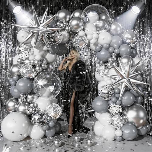 Image of White Silver Balloons Garland Arch Kit, 113pcs White Grey Clear Balloons, Confetti Silver Explosion Star 4D Foil Balloons for Disco Winter Wonderland Holiday Christmas Birthday Ice Snow Party Decor