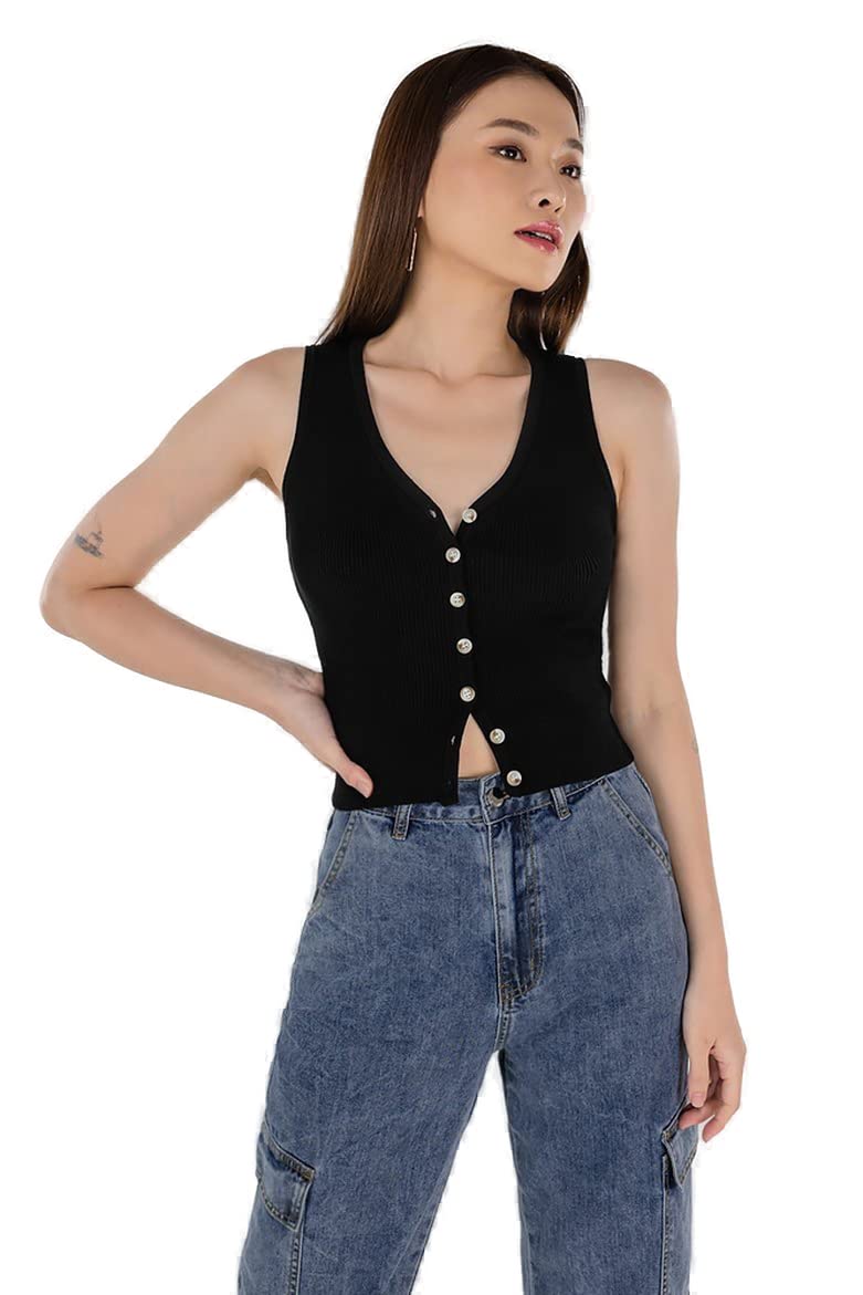 SIGHTBOMBRibbed Button UP V Neck Spaghetti Tops for Women, BLACK, SMALL-MEDIUM