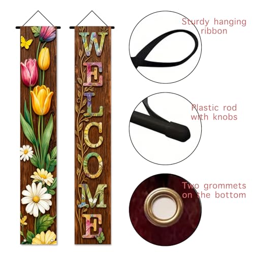 Image of Nuxovilar Welcome Floral Wooden Porch Banners 12x70 Inches Polyester