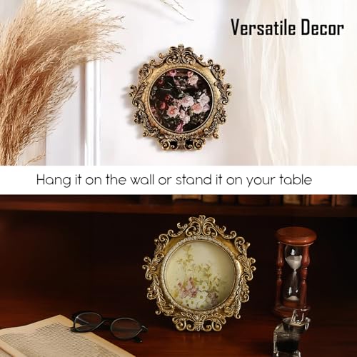 Image of Nostrae by Ekhasa Elegant Vintage Round Photo Frame with Glass | 3.5 Inch Resin Embossed Ornate Circular Picture Frame | Multi-Utility Table & Wall Use | Antique Style Frame Gift for Home Decor
