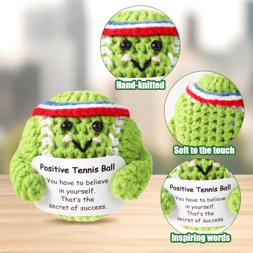 TOYMIS Positiver Tennisball, Tennisball zur Emotionalen Unterstützung mit Positiver Karte Süße Positive Strickpuppe Lustiges Inspirierendes Häkelspielzeug für Sportliebhaber Freunde Geschenke