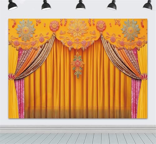 Image of Indian Backdrop 8x6ft India Pooja Marigold Yellow Curtain Photography Background for Wedding Diwali Traditional Festival Party Decorations