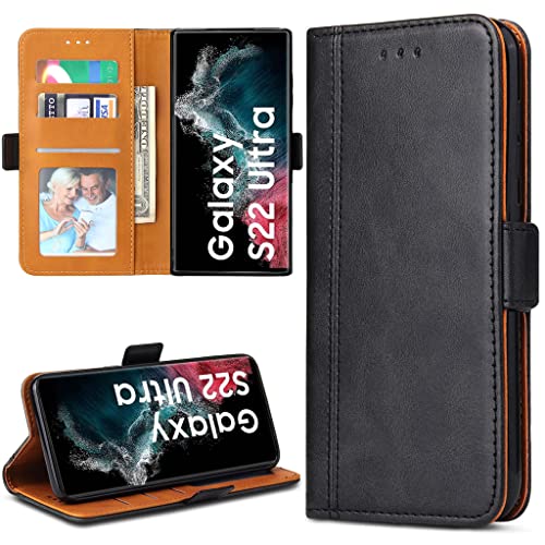 ROJIOJIO Handyhülle für Samsung S22 Ultra Hülle, Premium Leder Klapphülle Handytasche, lederhülle Schutzhülle mit [Standfunktion] [Kartenfächern] für Samsung Galaxy S22 Ultra, Schwarz Cover