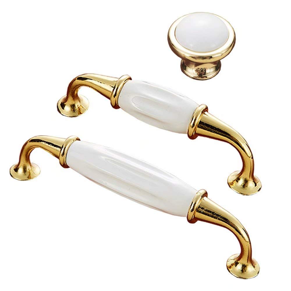 Uchwyty ceramiczne, 2 szt. pozłacane retro białe paski ceramiczne gałki do szafek uchwyty-uchwyty do szafek łazienkowych gałki do szafek(Hole Distance 128mm)