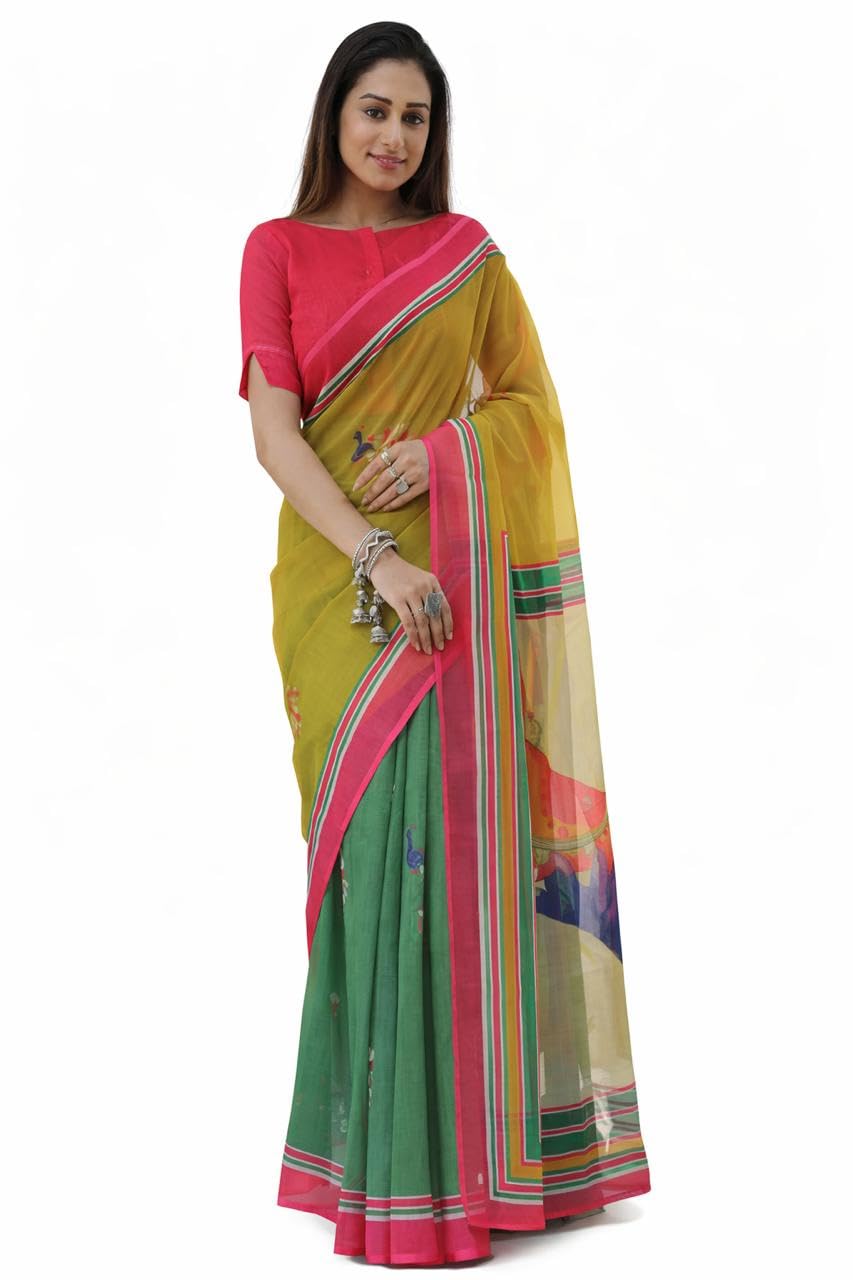 Women’s Multicoloure Durga Pooja Artistic Motif Printed linen Saree with Unstitched Contrast Pink Blouse | Ethnic Border Soft Lightweight Traditional Saree for Office and Casual wear-image-8
