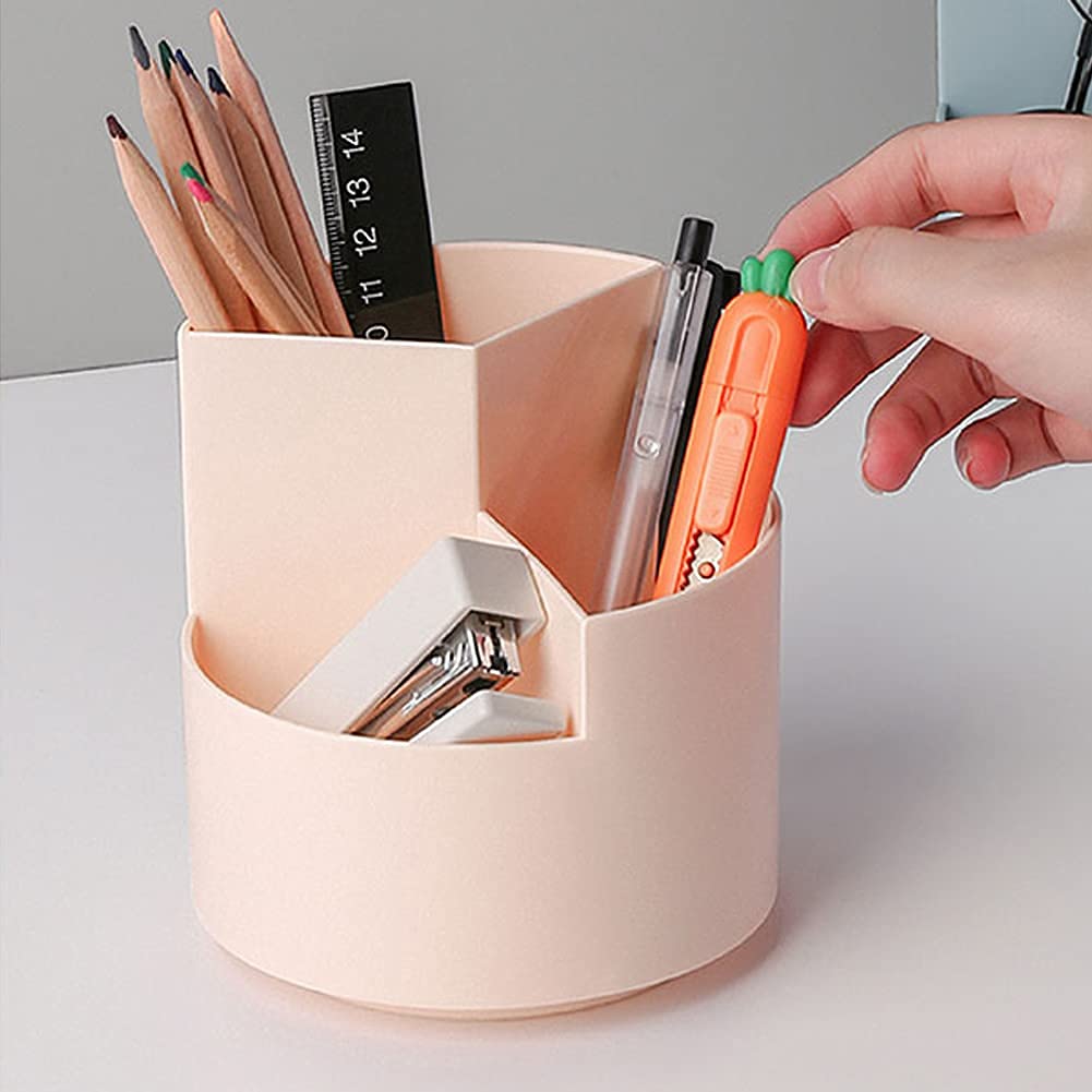 Rotating Pen Holder 3 Compartments, School Supplies Organizer for Pen, Colored Pencil, Art Brushes, Desktop Storage Box in Classroom & Art Studio, Gift for Teachers, Classmates, and Friends ,Pink
