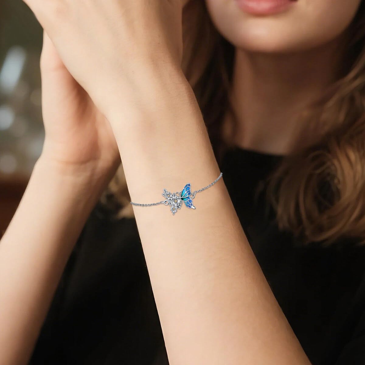 Butterfly Bracelet for Women Daisy Flower Bracelet Sterling Silver Butterfly and Flower Pendant Bracelet Jewelry Gift - Image 2