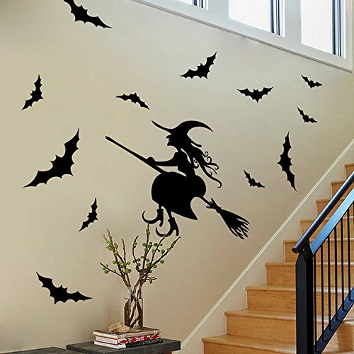 Halloween Flying Witch On Broom Bats Pvc Lettering Decal Home Decor Window Bedroom Living Roon Wall Stickers Wallpaper 33X20" #TOP4