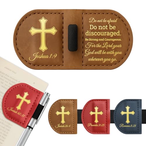 Personalized Magnetic Leather Bookmark with Pen Holder - Bygone Mark Custom Bible Verse Bookmarker Book Marker for Men & Women Book Lovers Readers Church(BrownJoshua 1:9)