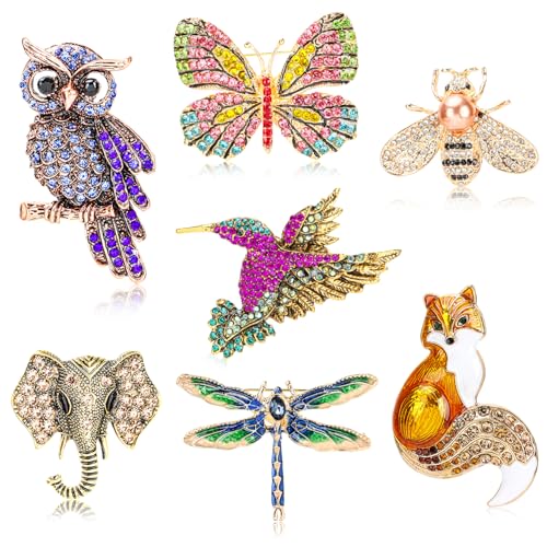 Image of 7 PCS Women Brooches Pins Bulk, Rhinestone Crystal Vintage Brooches, Hummingbird Owl Butterfly Bee Dragonfly Animal Brooch Pin for Women Gifts