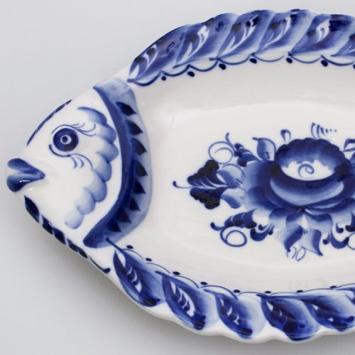 Gzhel Porcelain Serving Platter 'Fish' #TOP3