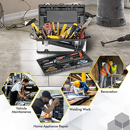 Safstar 19 Inch Tool Box, Lockable Organizer Toolbox W/Removable Tray & Portable Handle, Handle Essential Tool Kit Box, Aluminum Steel Tool Storage Box For Home Garage, Free Assembly #TOP6