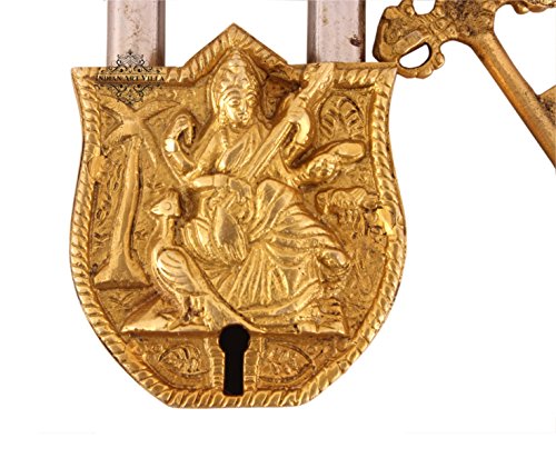 Image of Indian Art Villa Handmade Old Vintage Style Antique Godess Saraswati Ji Design Brass Security Lock with 2 Keys Om Design on Back|Home Temple Office