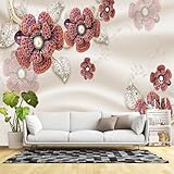 Murales de pared de tamaño personalizado, motivos florales de piedras preciosas rojas, joya central de perlas, tela de pared autoadhesiva (sin PVC), papel tapiz grande extraíble para sala de estar