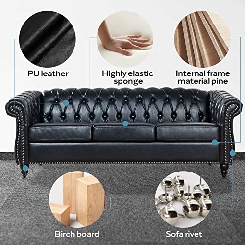 Vaztrlus Chesterfield Sofas For Living Room, Rolled Arm 3-Seater Leather 84" Large Couch Deep Button Nailhead Tufted Black Upholstered Couches For Bedroom, Office Apartment Easy To Assemble #TOP5