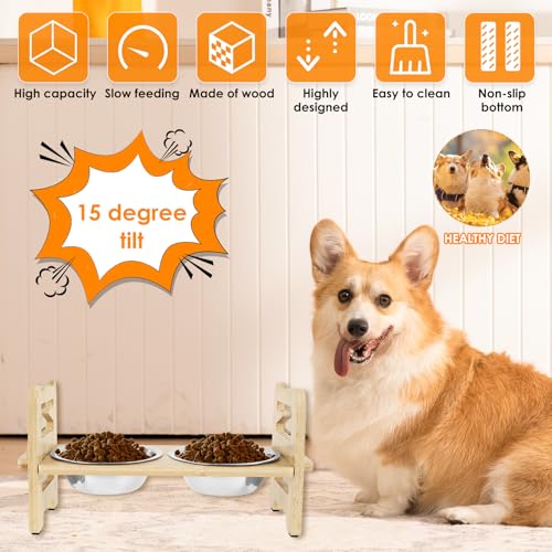 Gamelles surélevées en bois pour chien - Hauteur réglable - Avec 2 gamelles en acier inoxydable et pieds antidérapants - Gamelle robuste inclinée à 15° - Gamelle surélevée pour chiens et chats – Image 4