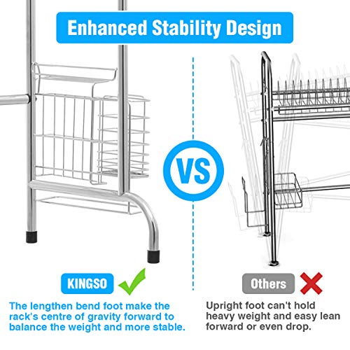 Over The Sink Dish Drying Rack, KINGSO 2 Tier Dish Drainer Stainless Steel Kitchen Sink Drying Rack w/Utensil Holder 8 Hooks for Kitchen Counter Organization Storage Space Saver (Sink Size≤32.5 inch)
